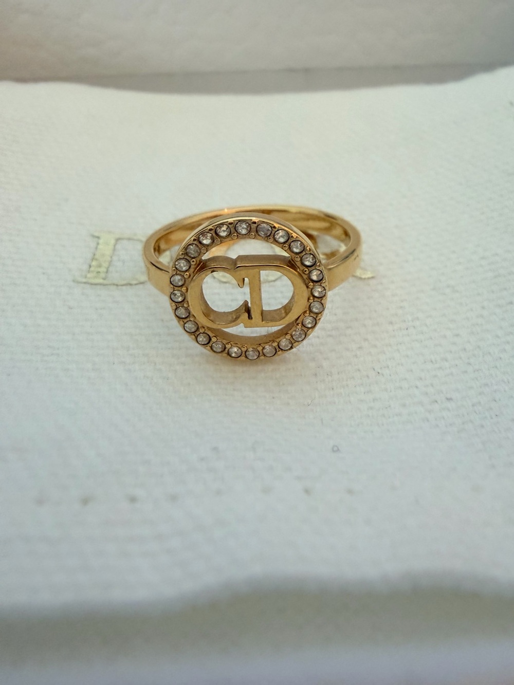 Dior CD Logo Crystal Circle Ring – Gold Tone, Size L, With Original Box & Pouch